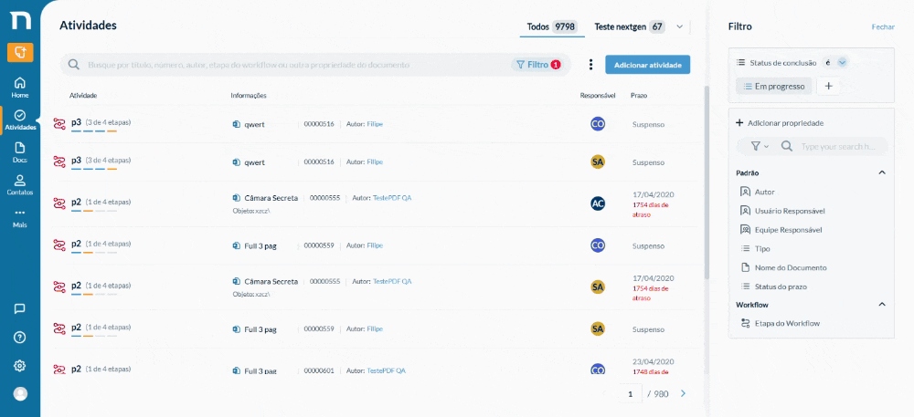 Filtro etapa do workflow - clientes nextgen